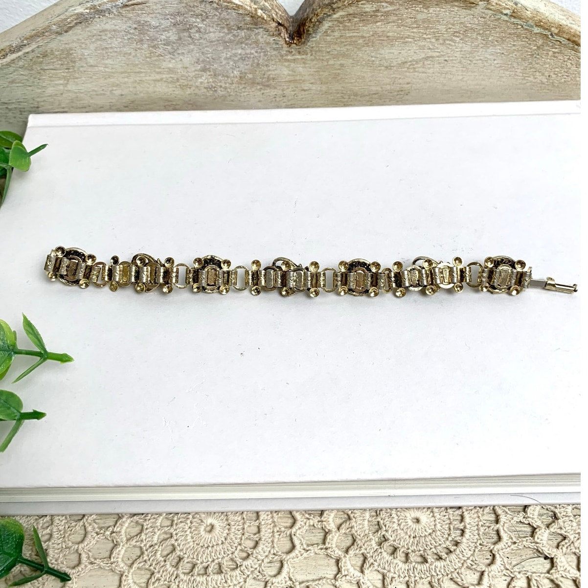 Vintage Victorian Revival Bracelet Goldtone Floral Link Faux Pearl Green Cabochon