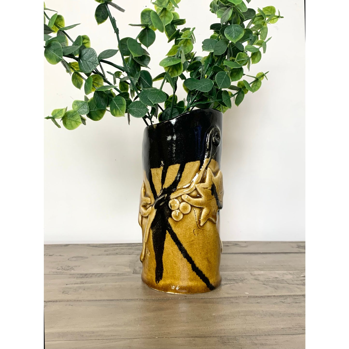 Vintage Black and Gold Ceramic Vase with Raised Vine and Leaf Design – Rustic Studio Pottery