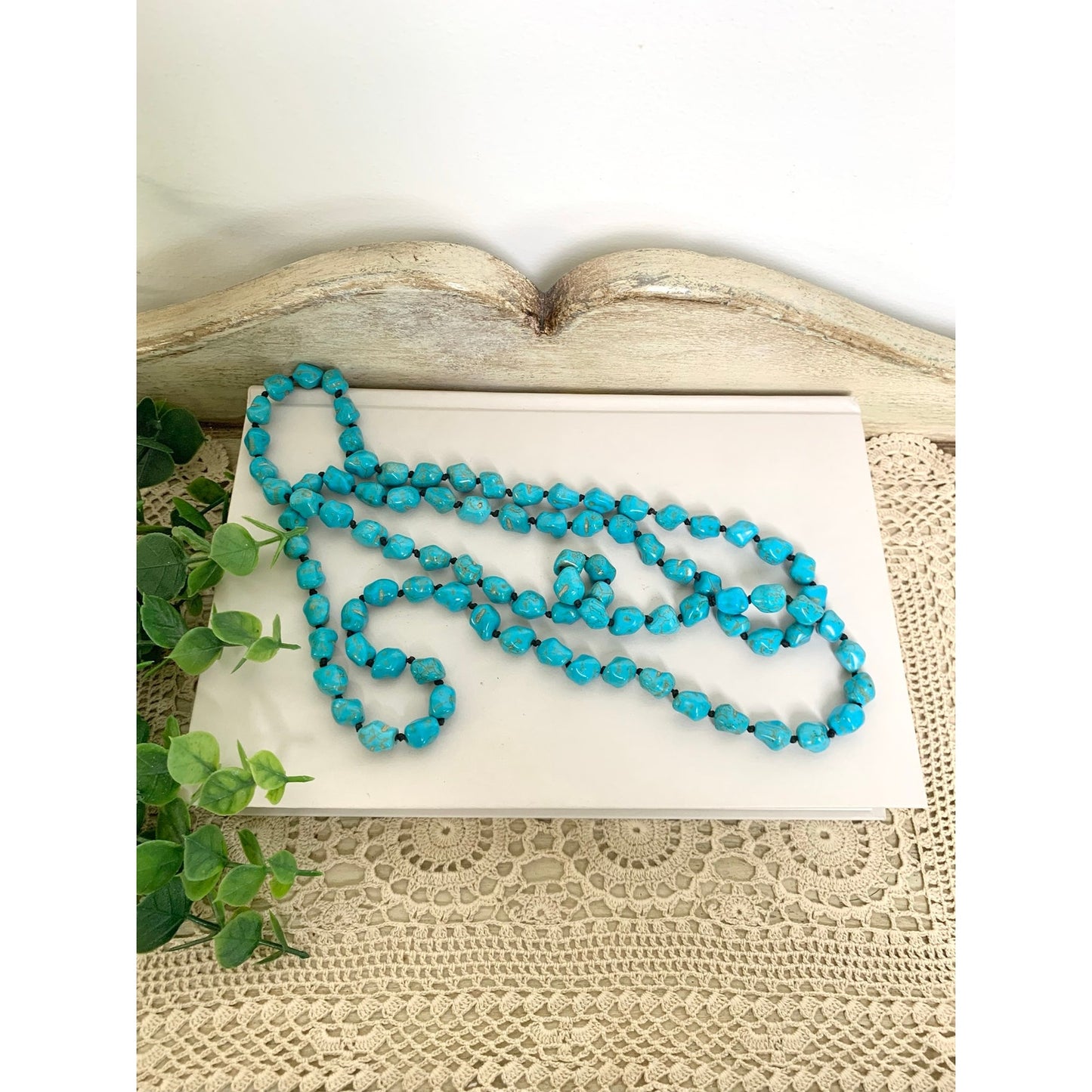 Blue Turquoise Nugget Beaded Necklace Long Vintage Southwestern Boho Jewelry 46"