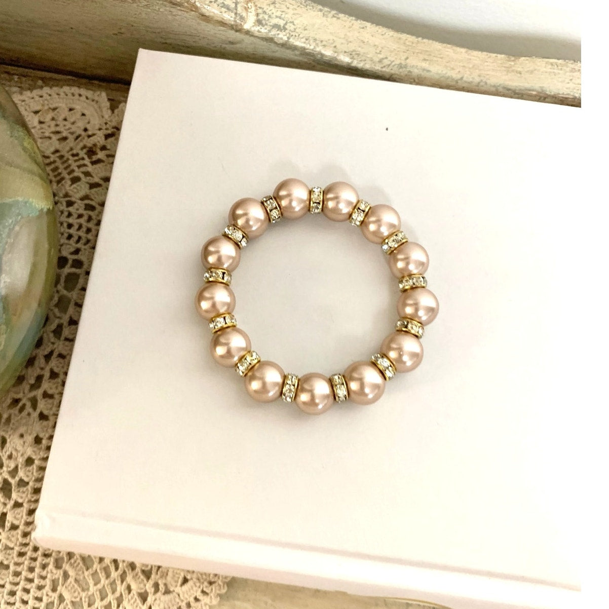 Blush Faux Pearl Stretch Beaded Bracelet Rhinestone Spacer Elegant Feminine