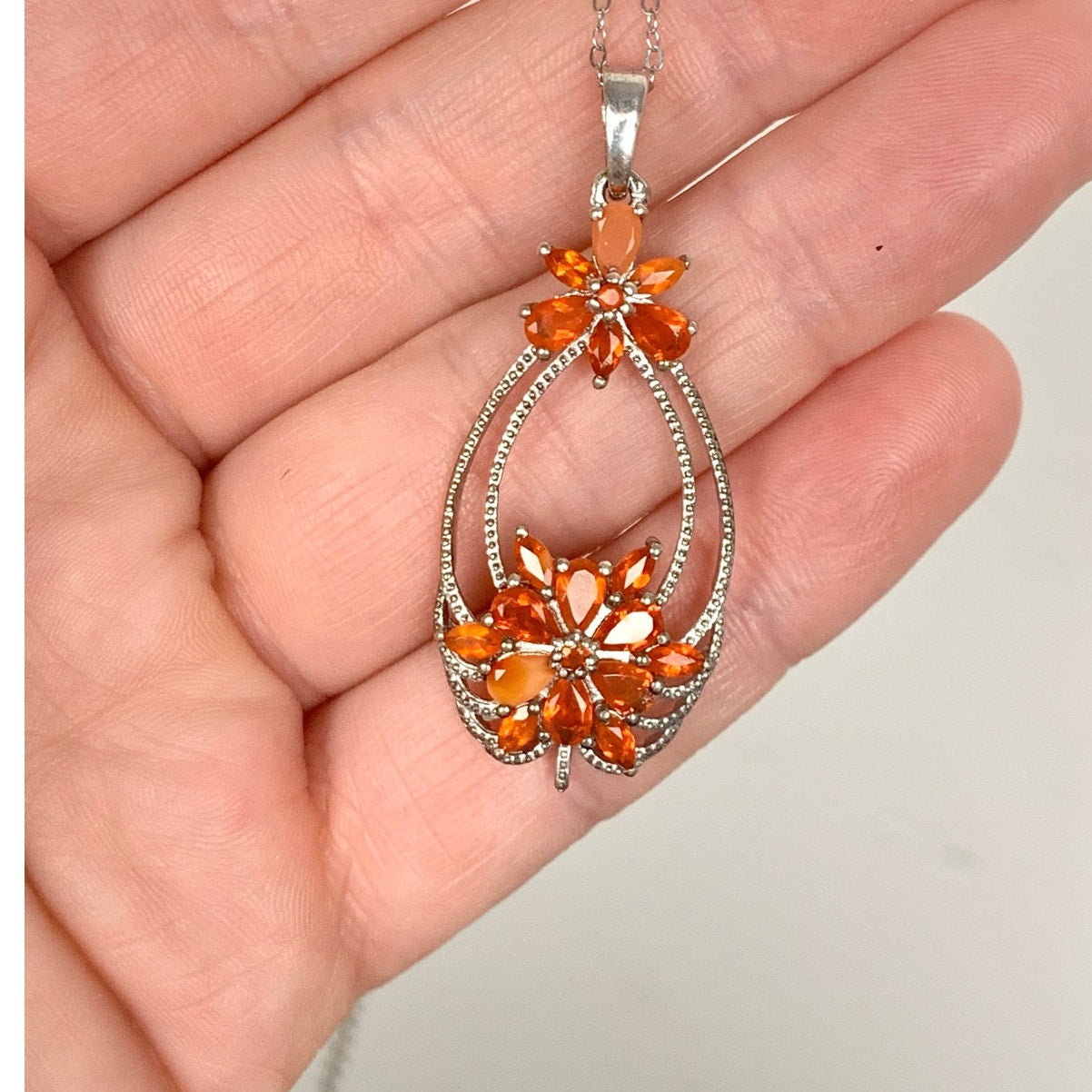 Sterling Silver STS Orange Gemstone Floral Pendant Necklace 925 Vintage Style Statement Necklace