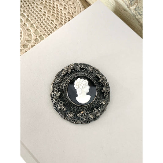 Vintage 800 Silver Filigree Marcasite Cameo Brooch Victorian Style Feminine Romantic