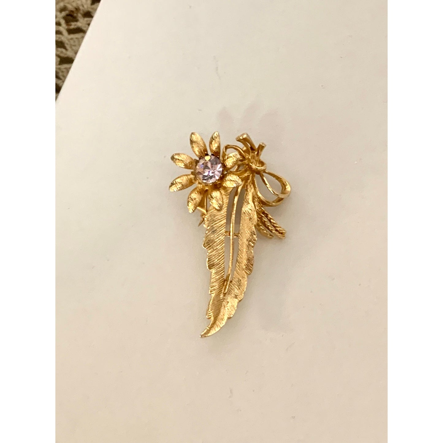 Vintage Goldtone Floral Brooch Lavender Purple Rhinestone Flower Ribbon Leaf Pin