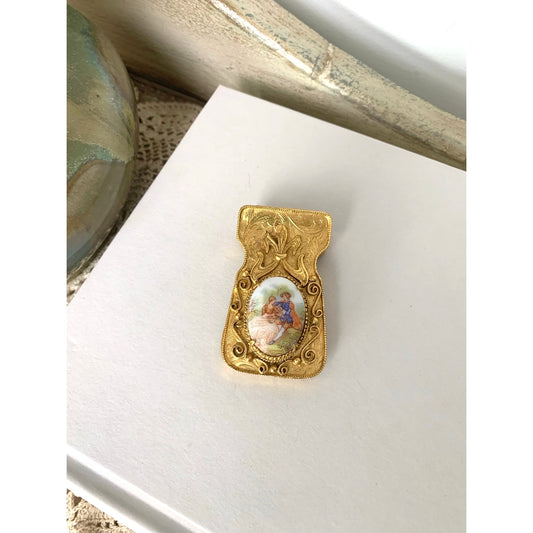 Vintage Florenza Money Clip Goldtone Victorian Couple Portrait Romantic Medallion