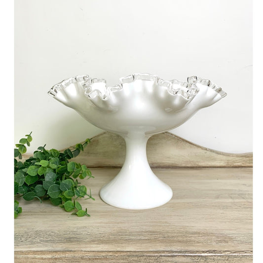 Vintage Fenton Silver Crest Large Pedestal Compote Milk Glass Ruffled Bowl Cottagecore