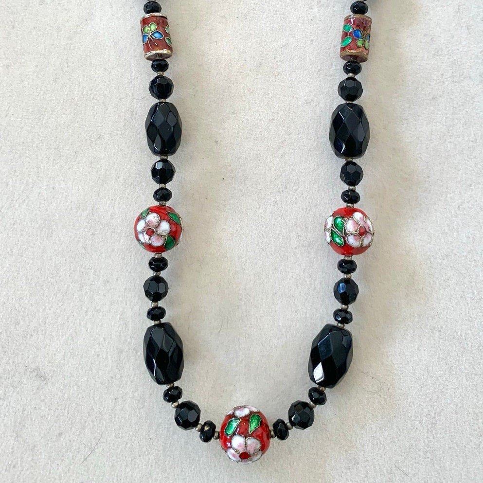 Vintage Cloisonne Beaded Necklace Black Faceted Glass Floral Red Enamel Statement
