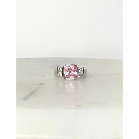 Vintage Sterling Silver Pink Princess Cut CZ Ring Size 8.25 Cocktail Art Deco