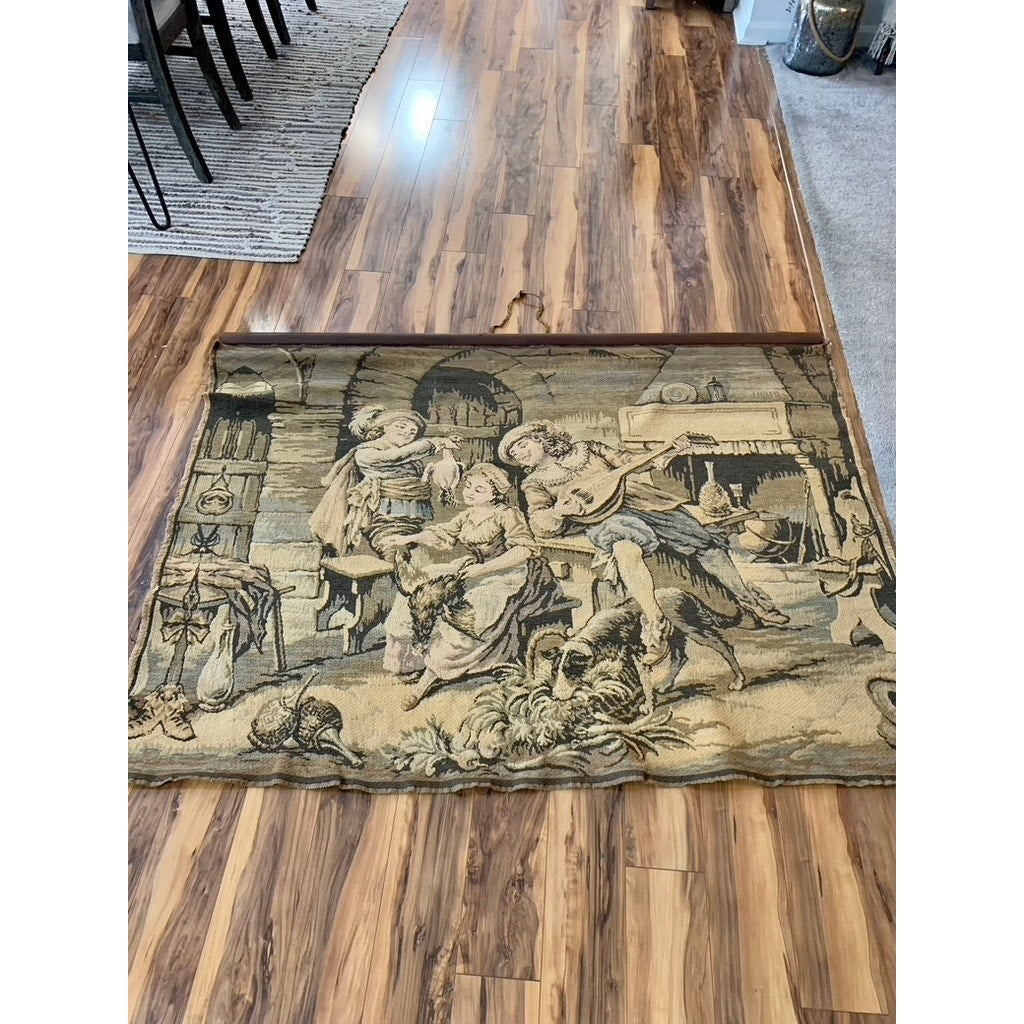 Antique French Renaissance Revival Tapestry Wall Hanging Romantic Courtship Scene