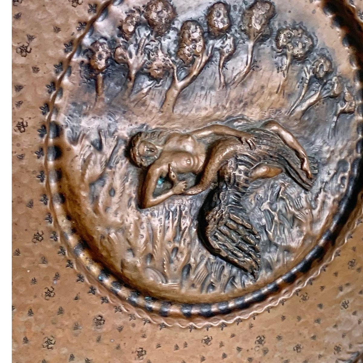Vintage Copper Leda and Swan Repousse Wall Plaque Mythological Art Relief Scene