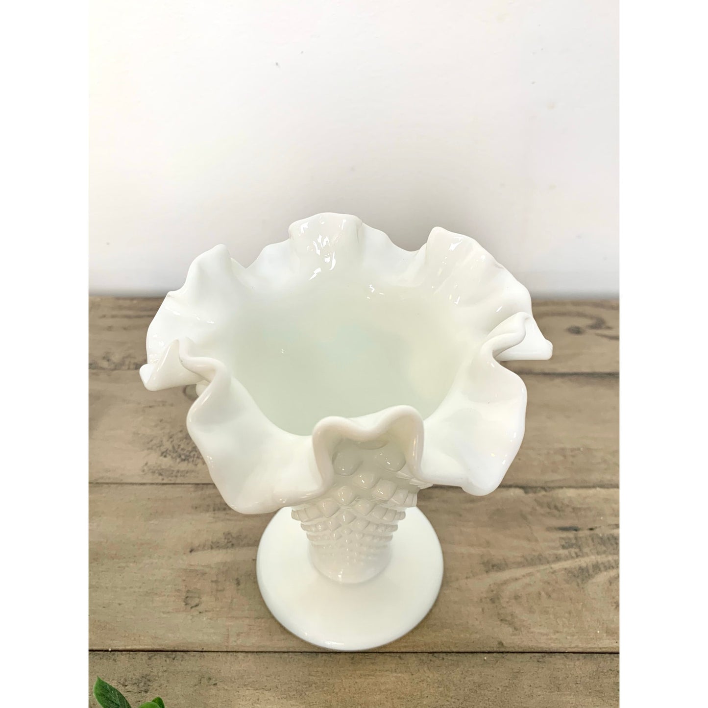 Vintage Fenton Hobnail Milk Glass Pedestal Vase with Fluted Rim Small White Vase