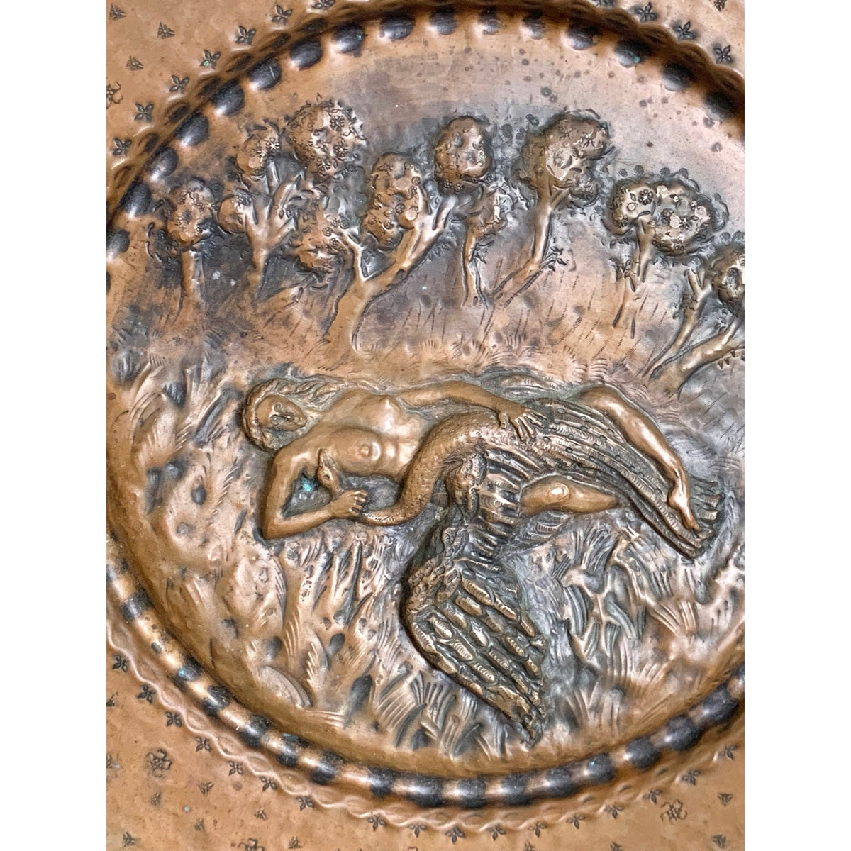 Vintage Copper Leda and Swan Repousse Wall Plaque Mythological Art Relief Scene