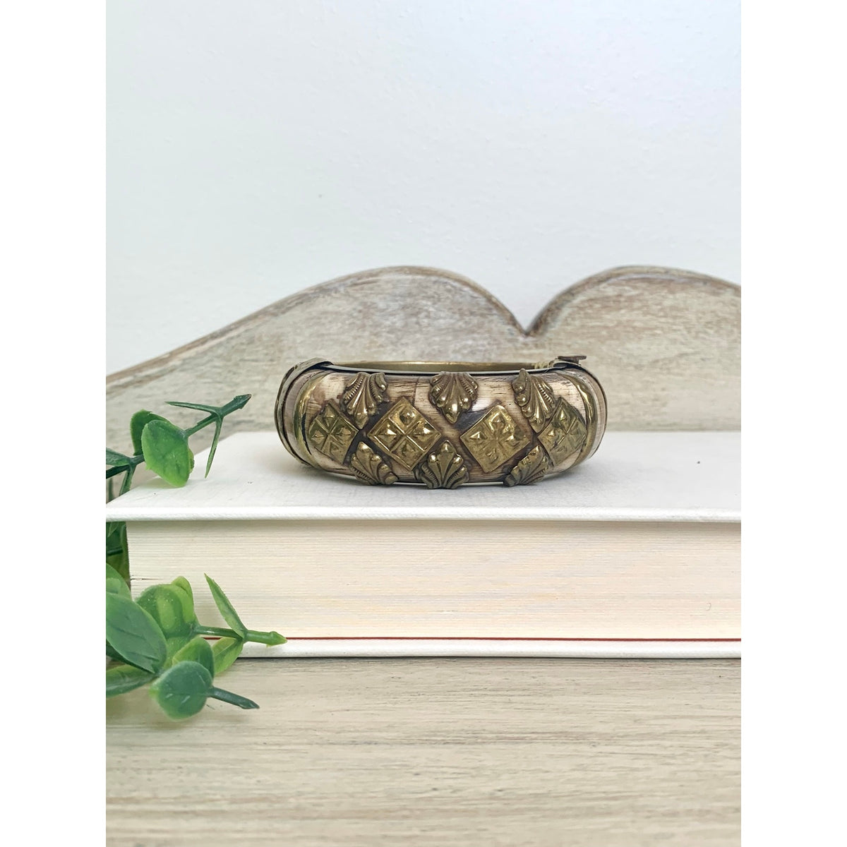 Vintage Camel Bone Bangle Bracelet Brass Overlay Hinged Statement Jewelry