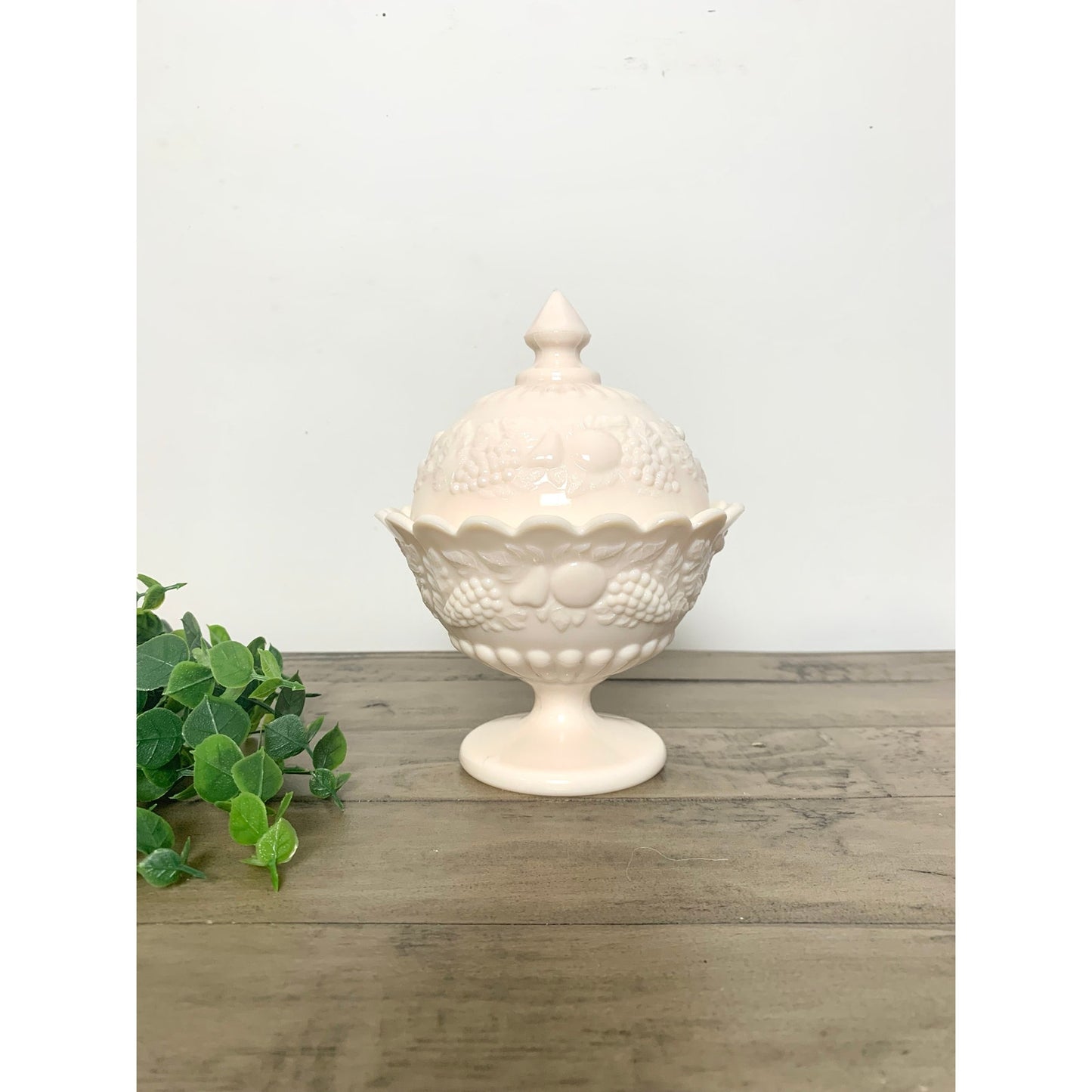 Vintage Westmorland Pink Milk Glass Covered Compote Fruit Motif Pedestal Dish Feminine Romantic Retro Shabby Cottage MCM