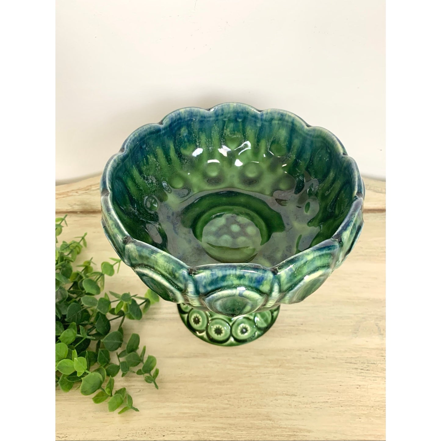 Vintage McCoy Pottery Compote Pedestal Bowl Green Teal Moon and Stars Mid Century