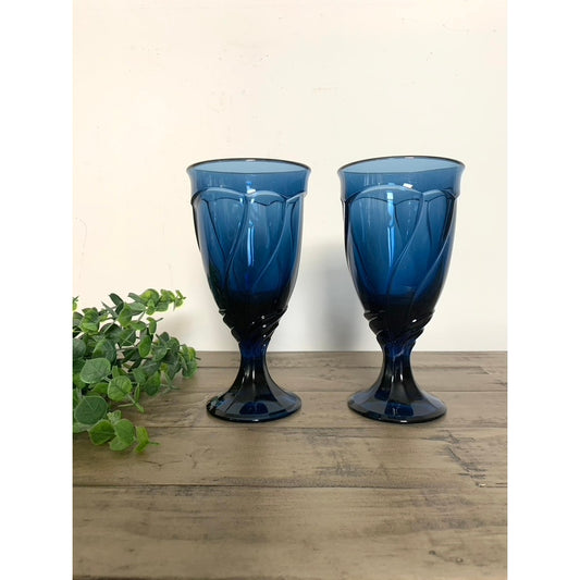 Pair of Vintage Noritake Sweet Swirl Cobalt Blue Glass Goblets Cottagecore Mid Century Romantic Drinkware Dark Midnight