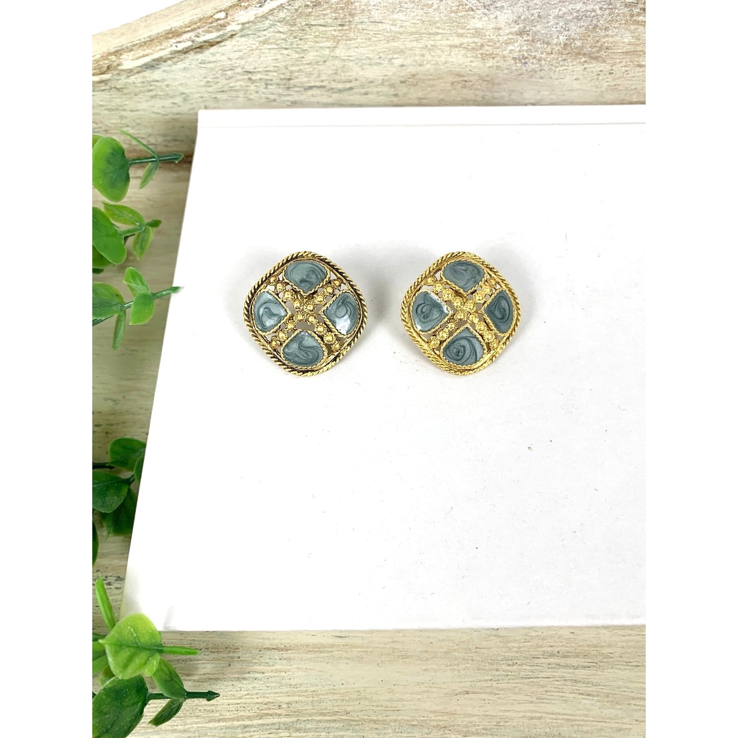 Vintage Goldtone Teal Swirl Enamel Statement Earrings Chunky Retro Post Back 1980s