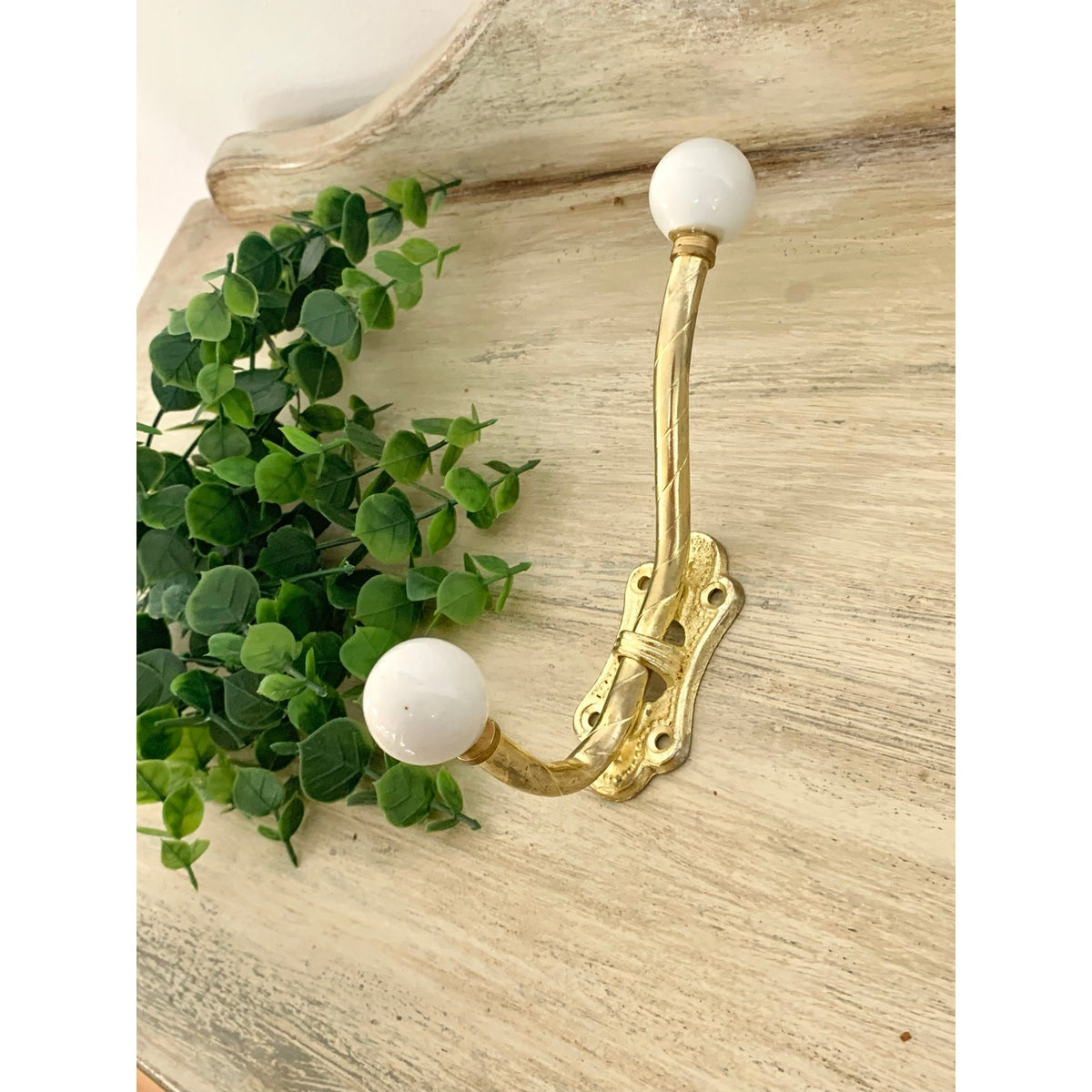 Vintage Brass Double Wall Hook White Porcelain Knobs Coat Rack Hardware
