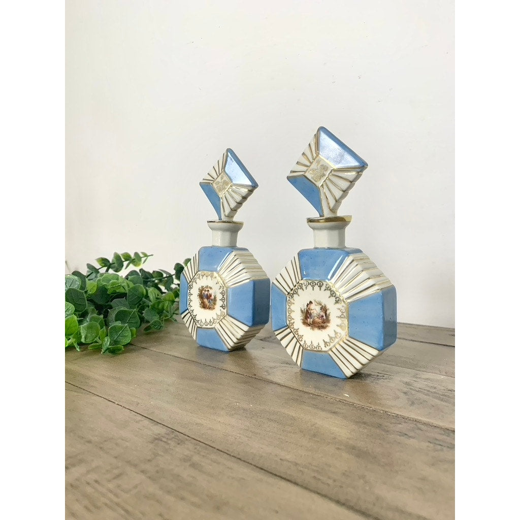 Antique Bavaria Porcelain Perfume Bottles Set of 2 Blue Gold Courting Scene Vintage Vanity Edwardian Art Deco Regency