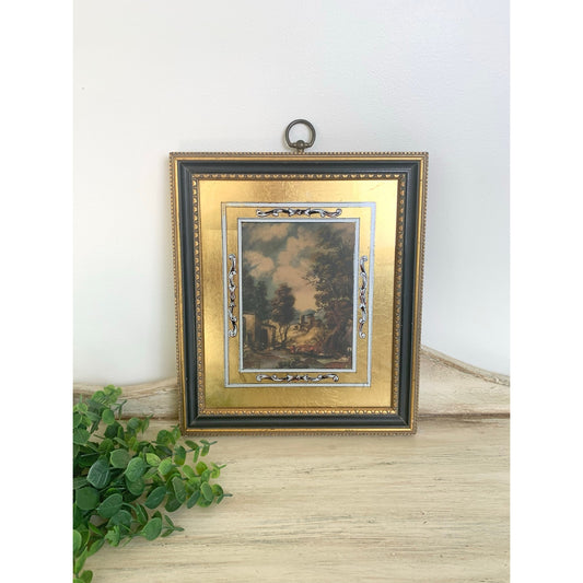 Vintage Reverse Painted Glass Landscape Print Framed European Style Wall Art