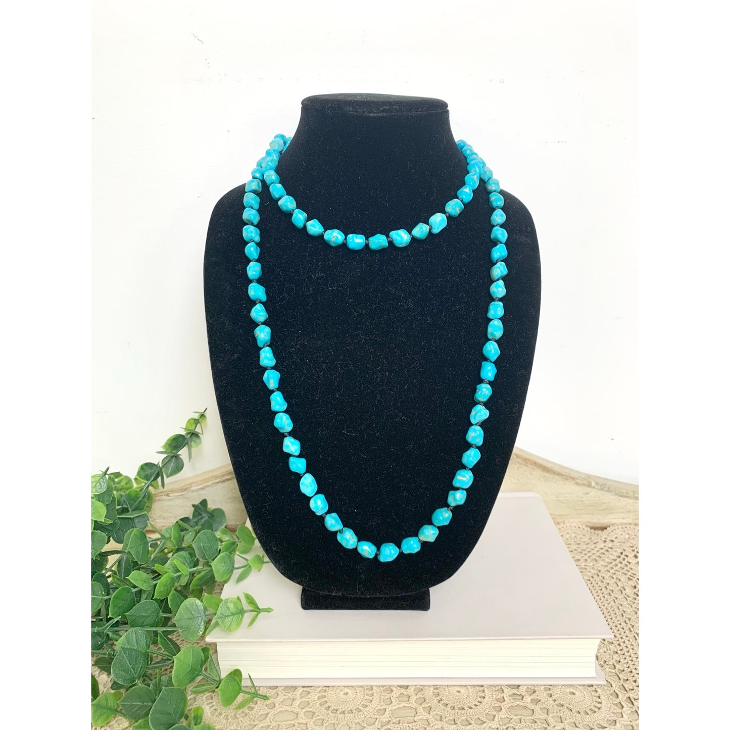 Blue Turquoise Nugget Beaded Necklace Long Vintage Southwestern Boho Jewelry 46"