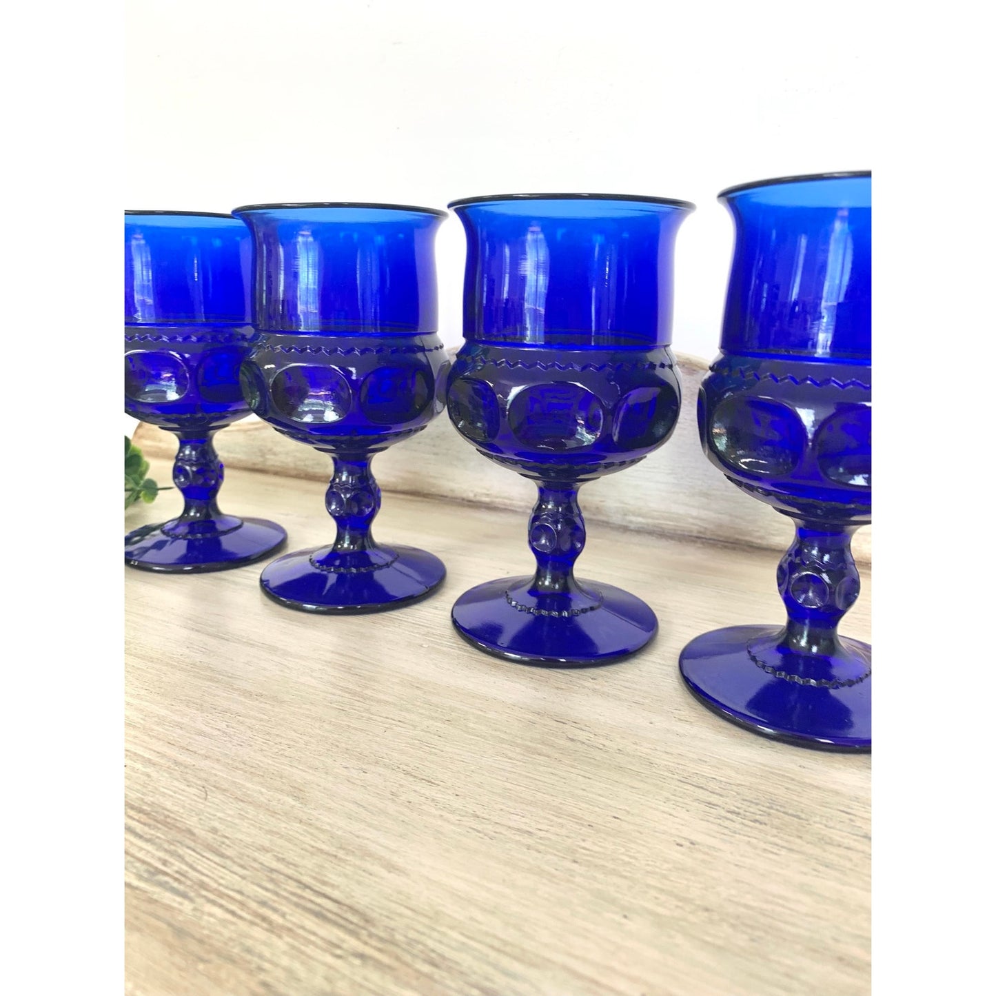 Vintage Indiana Glass Kings Crown Cobalt Blue Goblets Set of 4 Wine Glasses Mid Century
