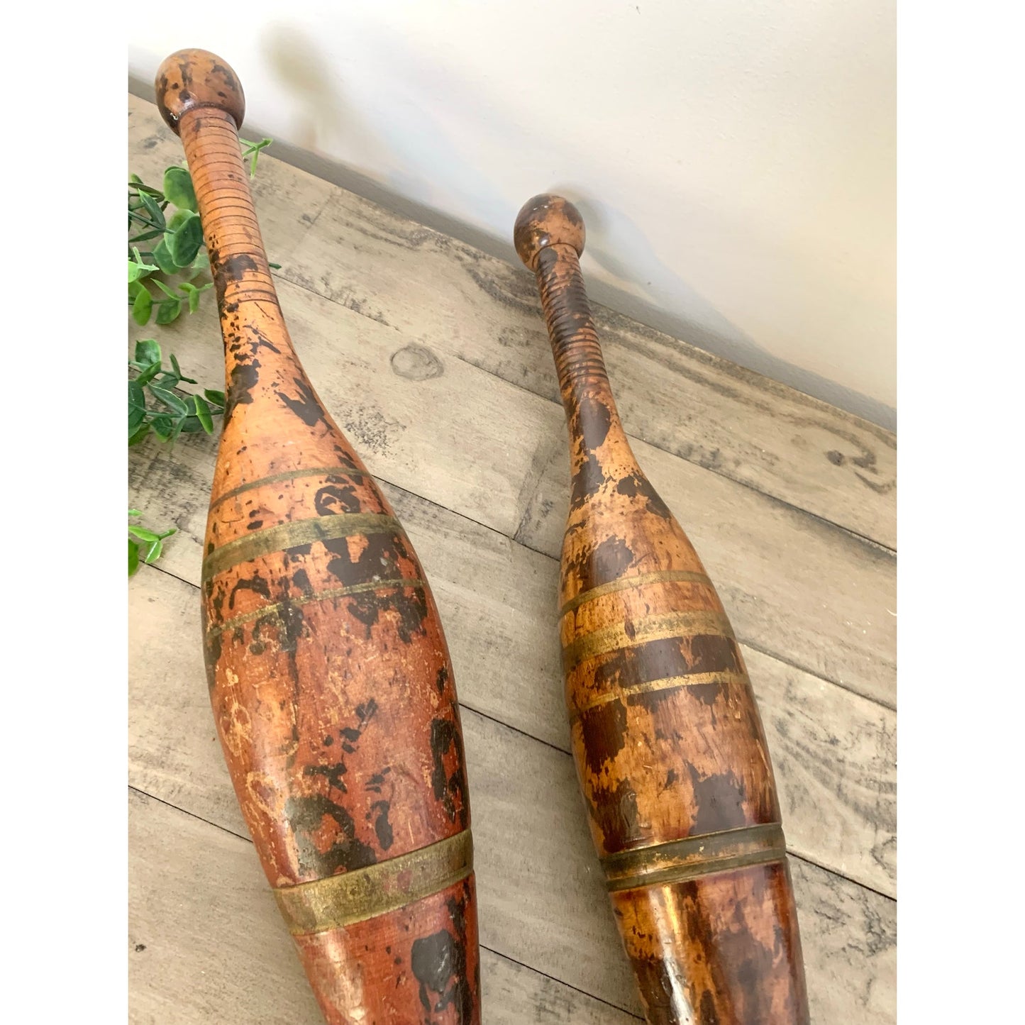 Antique Wooden Indian Clubs Rustic Decorative Skittles Pair Pins Old Money Aged