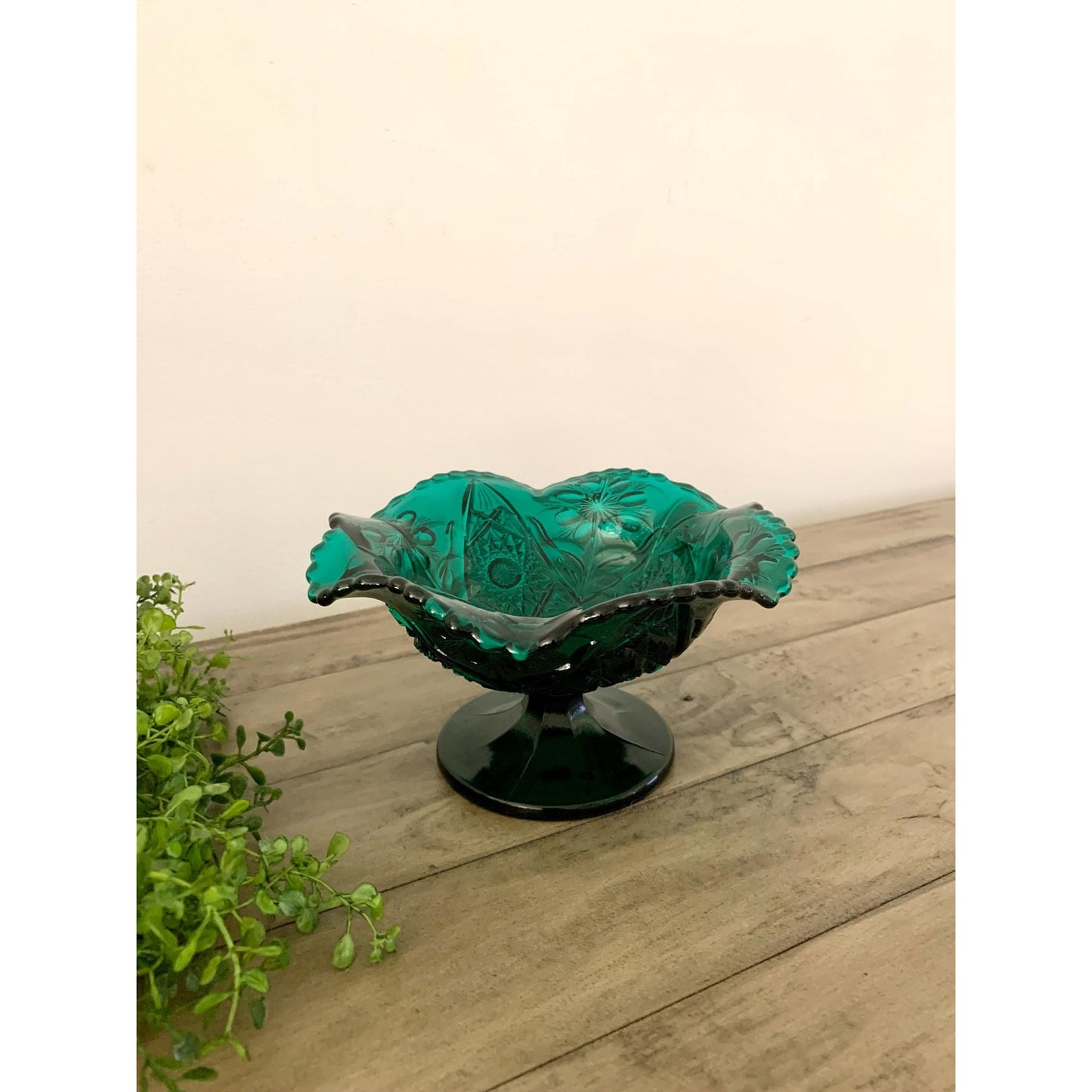 Vintage Green Imperial Glass Pedestal Compote Bowl Dish with Fluted Rim