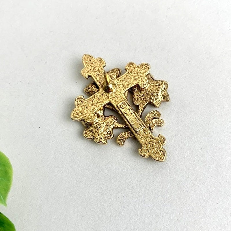 Vintage Gold Tone Floral Cross Brooch Pin Signed Religious Ornate Romantic Jewelry