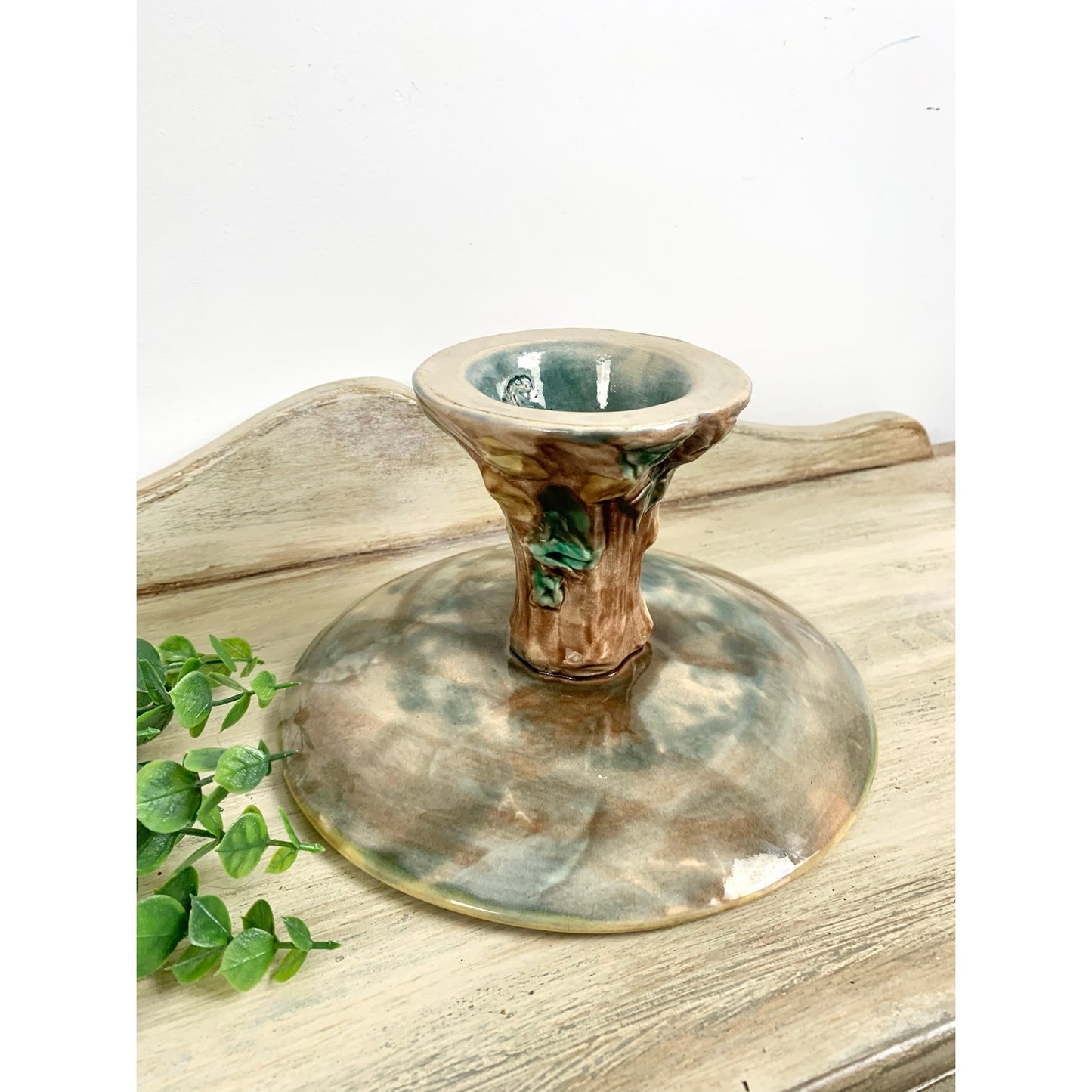 Antique Majolica Pedestal Cake Stand Maple Leaf Compote Etruscan Riser Dessert Victorian Pottery