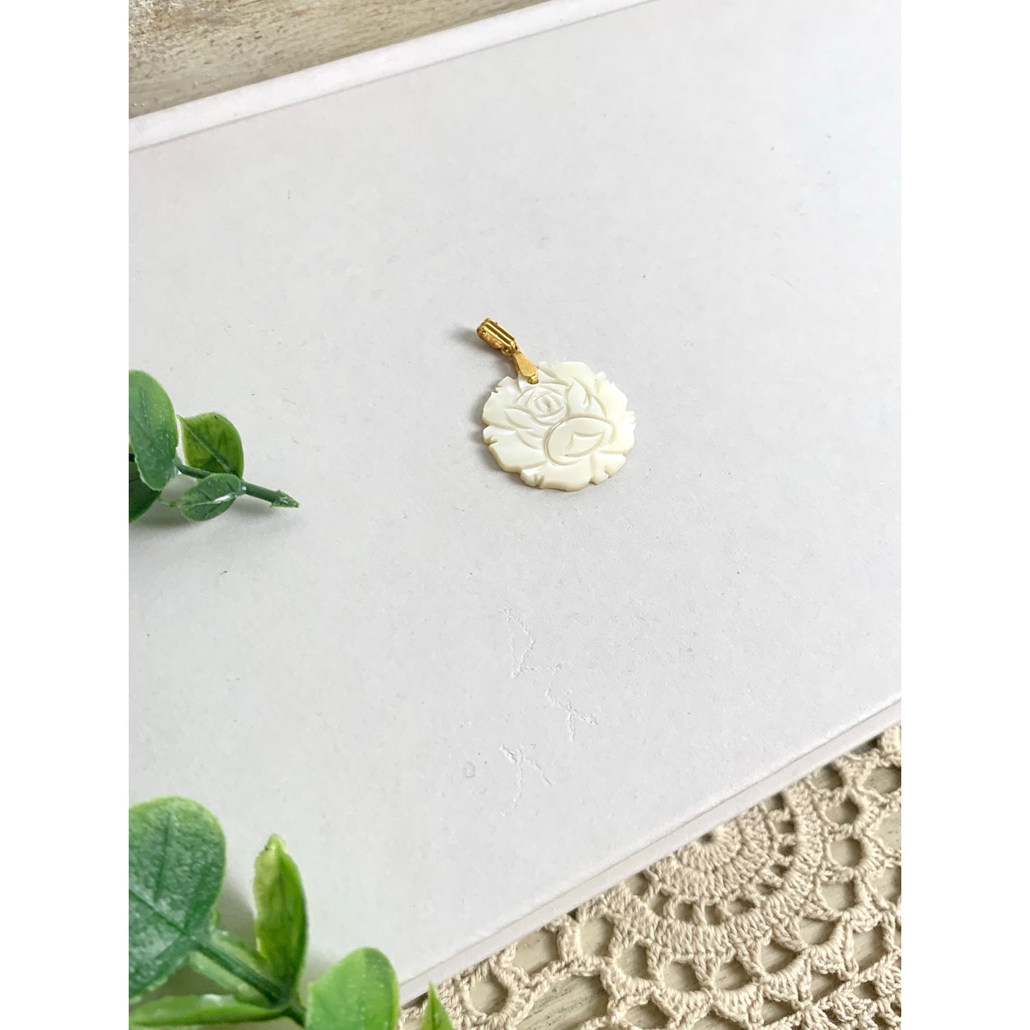 Vintage Mother of Pearl Flower Pendant Gold Tone Bale Carved Shell Charm Rose