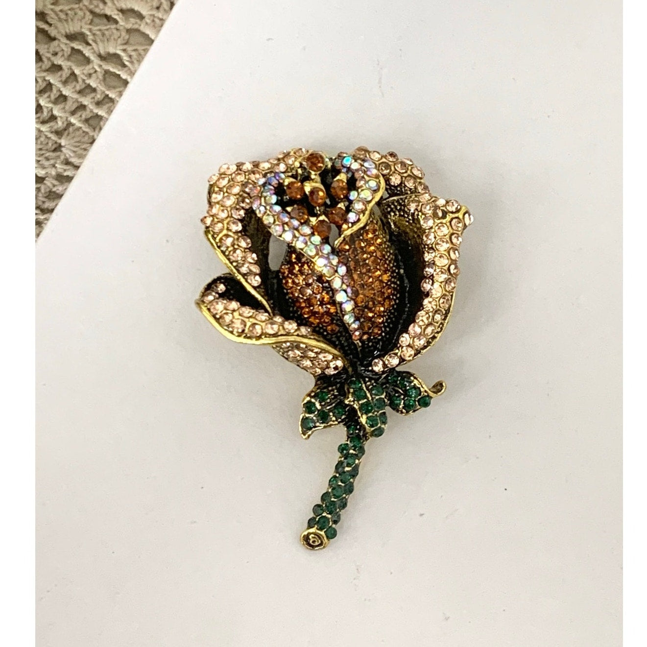 Rhinestone Rose Brooch and Pendant Gold Tone Flower Pin Statement Jewelry