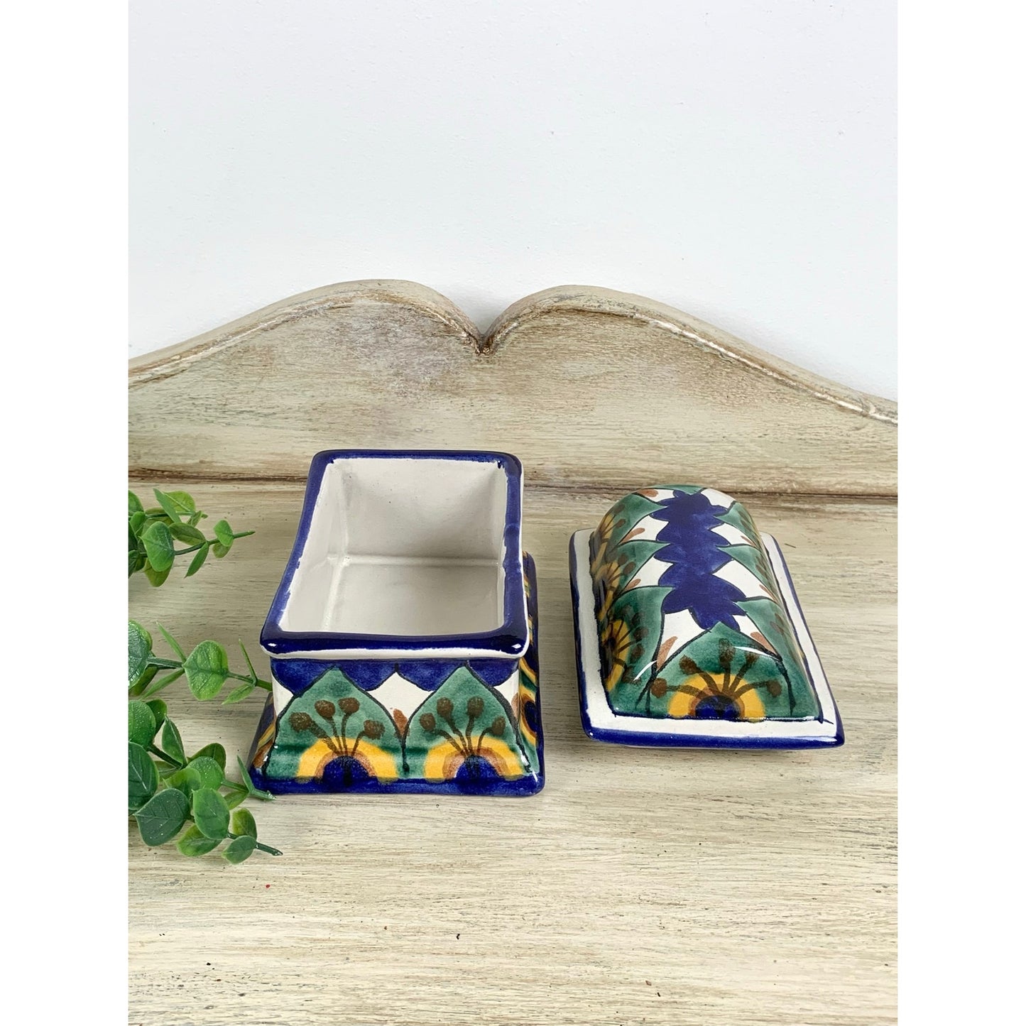 Vintage Mexican Talavera Style Ceramic Lidded Box Hand Painted Pottery Trinket Dish
