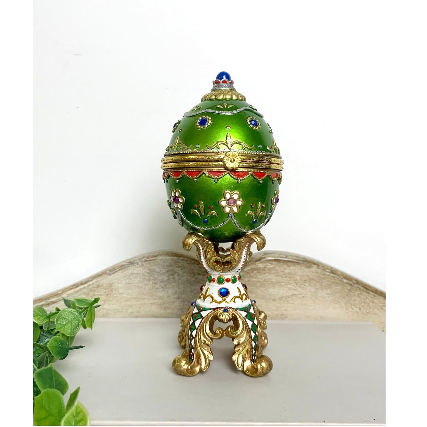 Vintage Faberge Style Green Enamel Egg Trinket Box Jeweled Pedestal Jewelry Box
