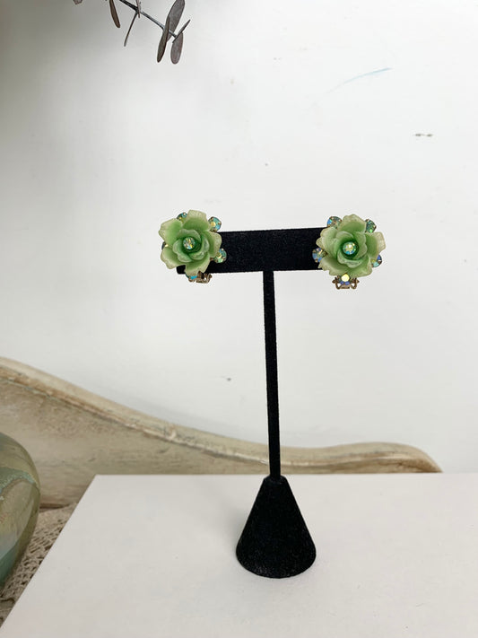 Vintage Clip On Earrings- Green Floral