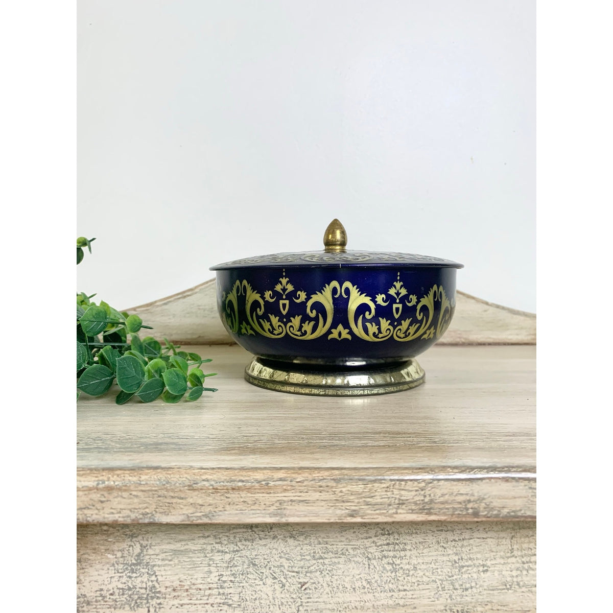 Vintage English Lidded Tin Tea Caddy Biscuit Tin Cobalt Blue Gold Lidded Container