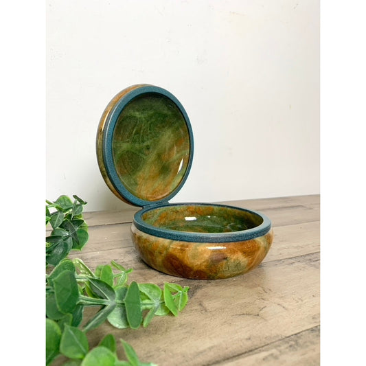 Vintage Alabaster Trinket Jewelry Box Hinged Earthy Green Brown Veining Stone