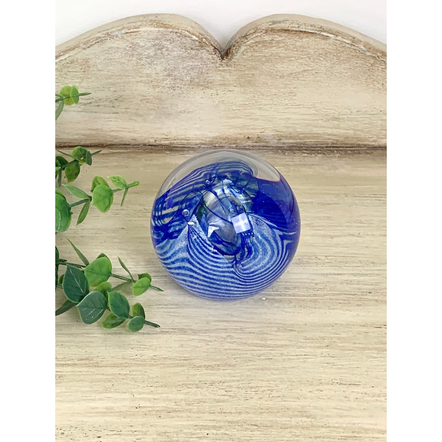 Vintage Caithness Blue Swirl Glass Paperweight Signed Scottish Art Glass Mid Century Style