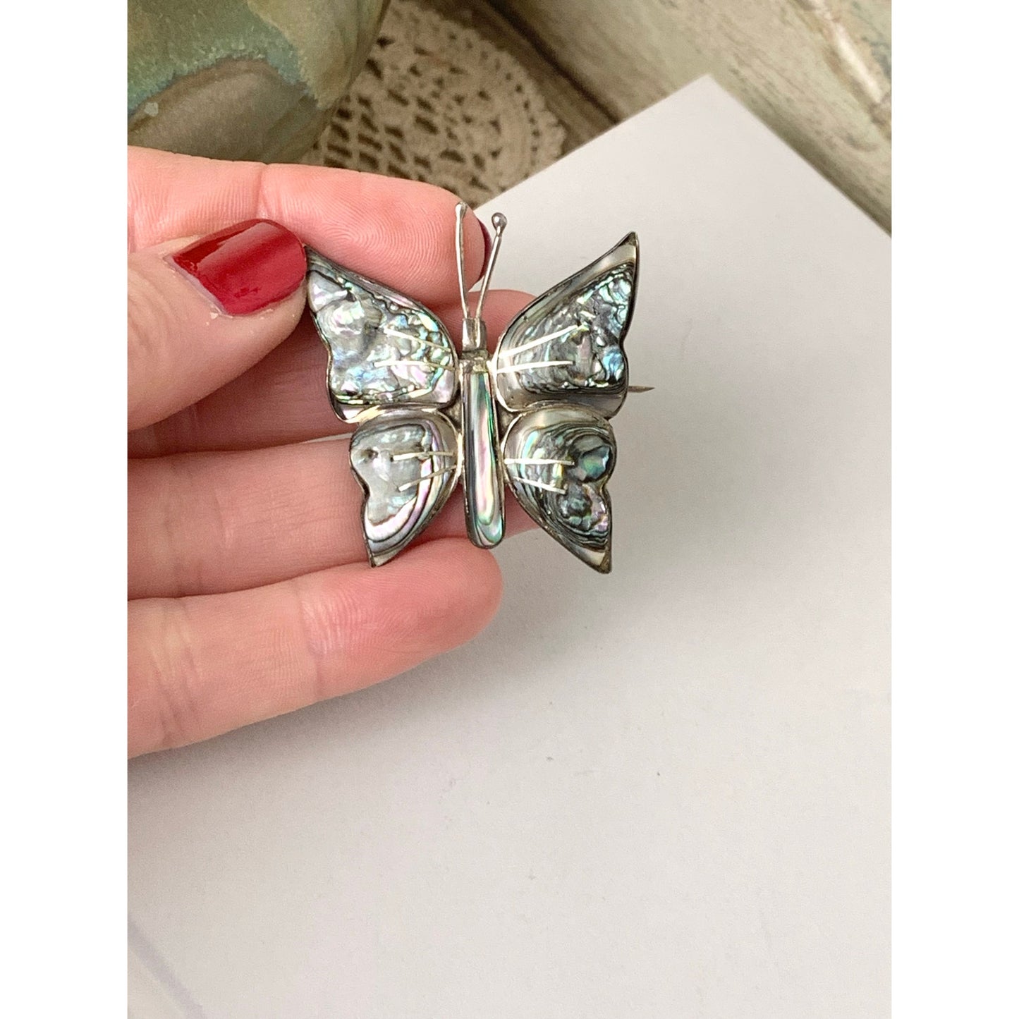 Vintage Mexico Sterling Silver Abalone Butterfly Brooch Iridescent Shell Pin