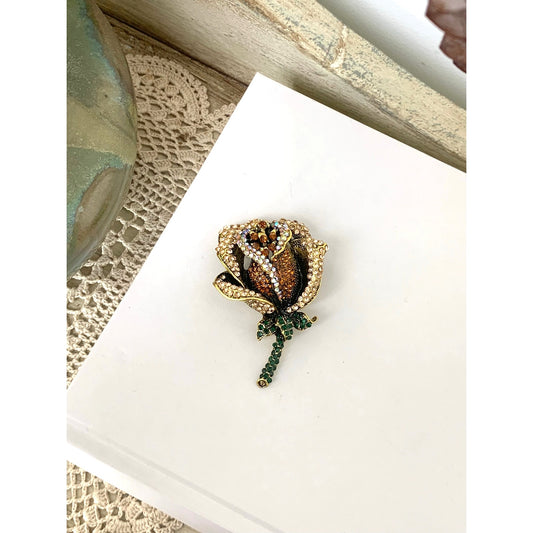 Rhinestone Rose Brooch and Pendant Gold Tone Flower Pin Statement Jewelry