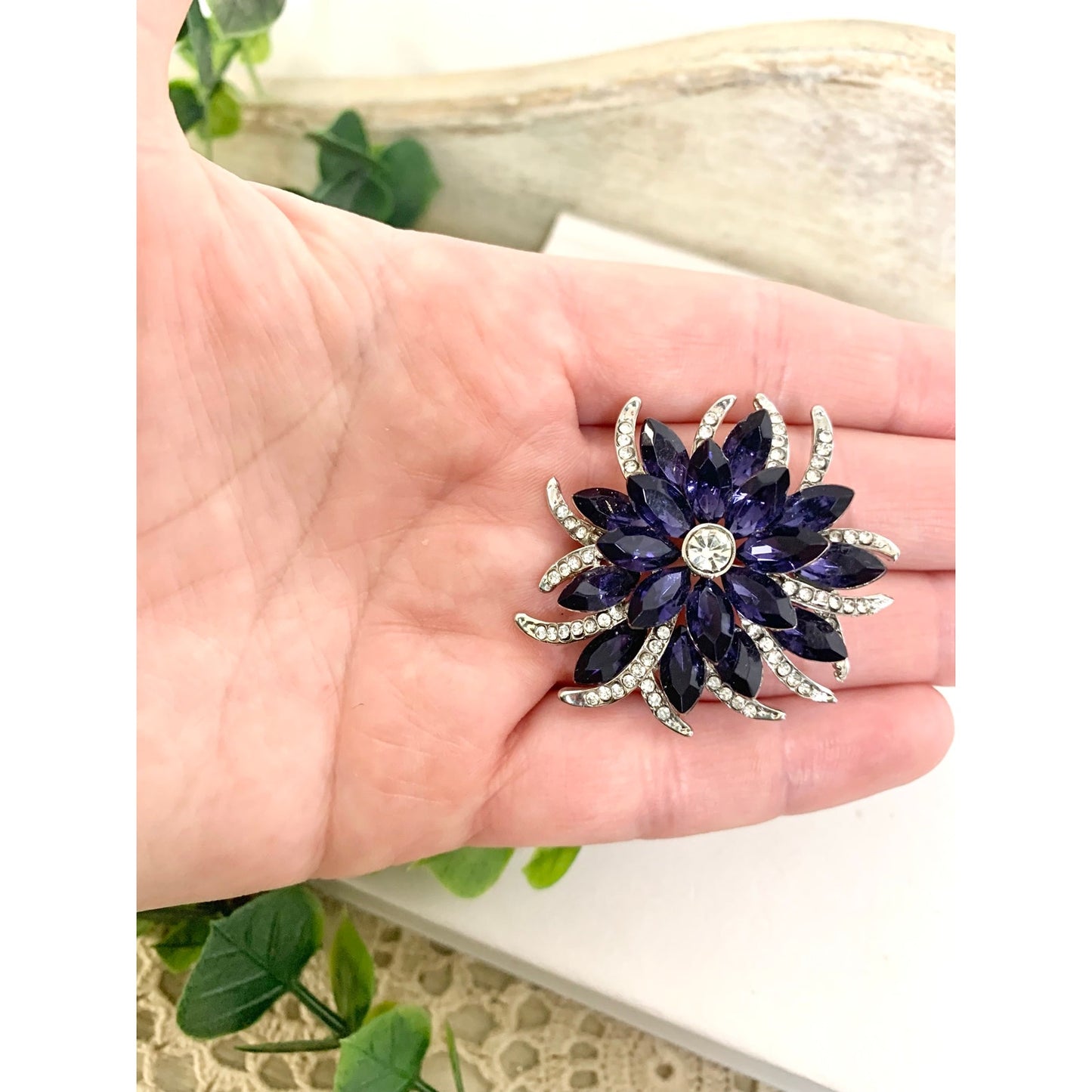 Vintage Blue Violet Rhinestone Flower Brooch Silvertone Statement Pin Mid Century Glam