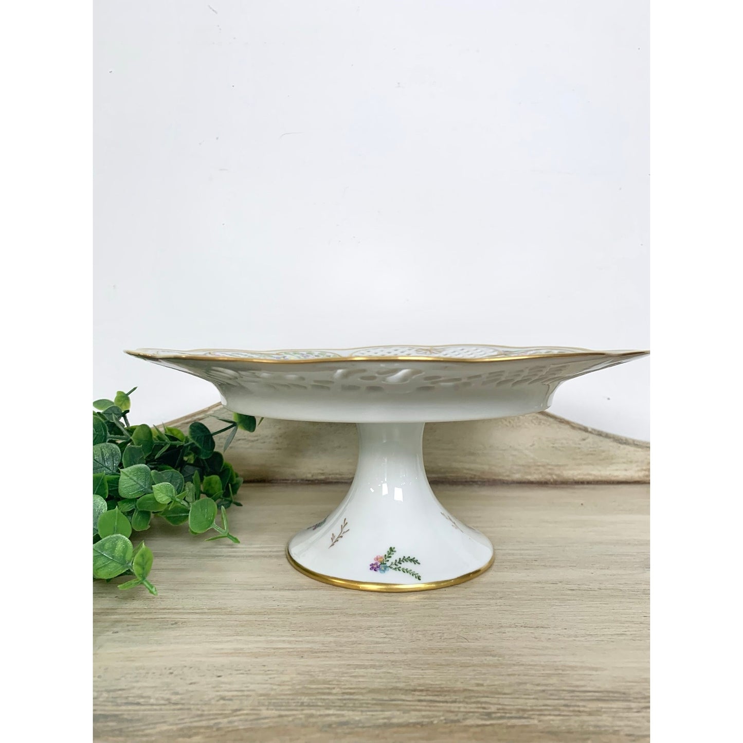 Vintage Pedestal Cake Stand Floral Hand Painted Porcelain Wedding Serving Cottage Shabby