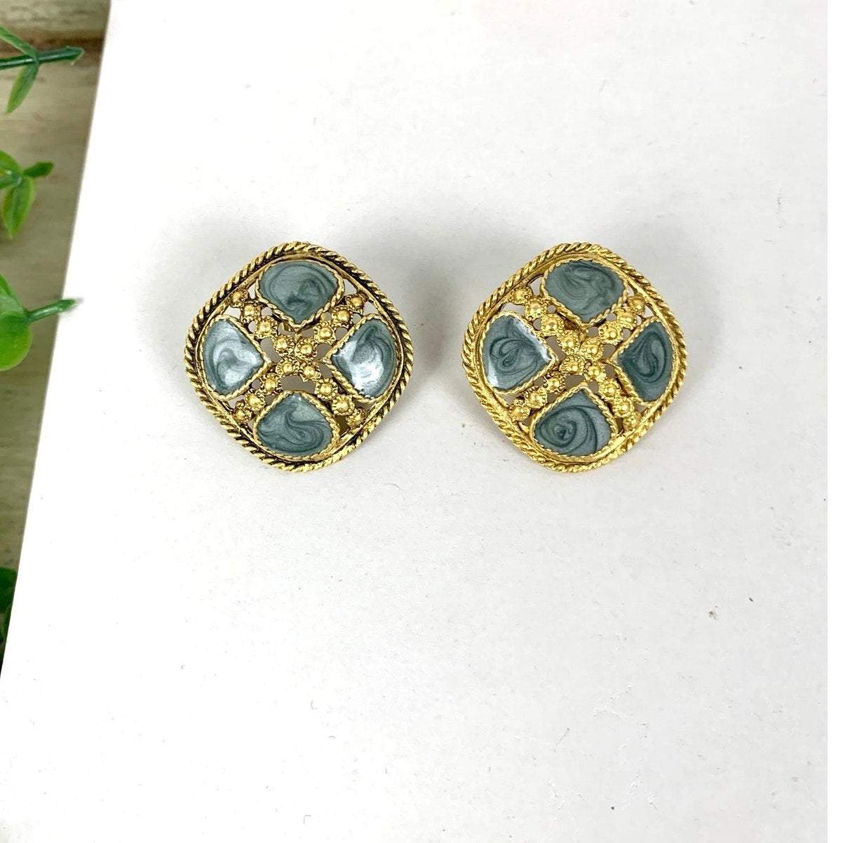 Vintage Goldtone Teal Swirl Enamel Statement Earrings Chunky Retro Post Back 1980s