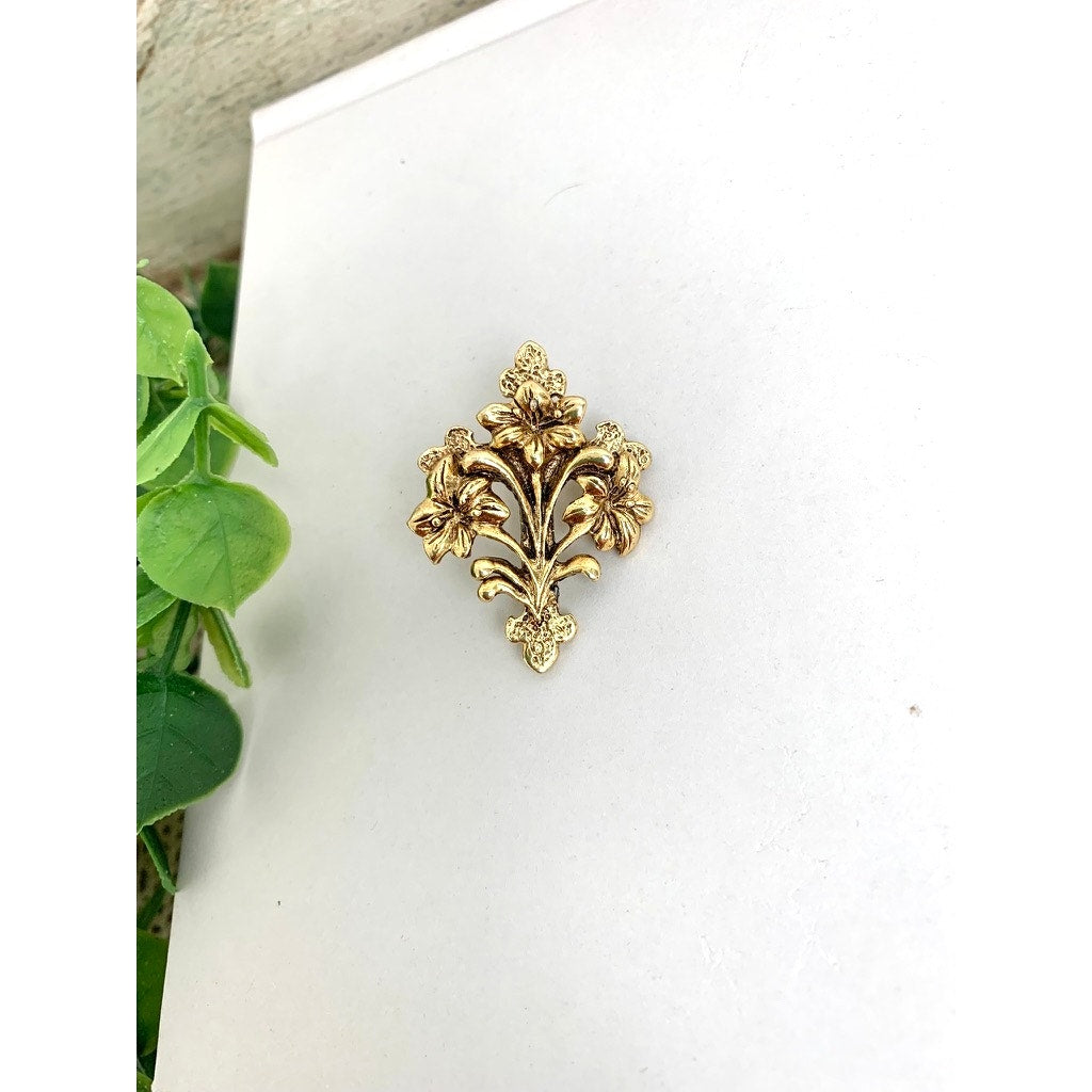 Vintage Gold Tone Floral Cross Brooch Pin Signed Religious Ornate Romantic Jewelry