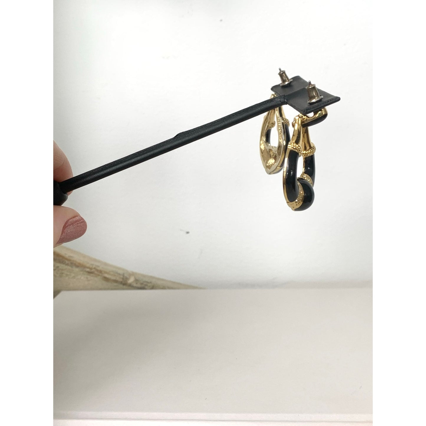 Vintage Black Enamel Rhinestone Goldtone Doorknocker Earrings Pierced Statement Glam