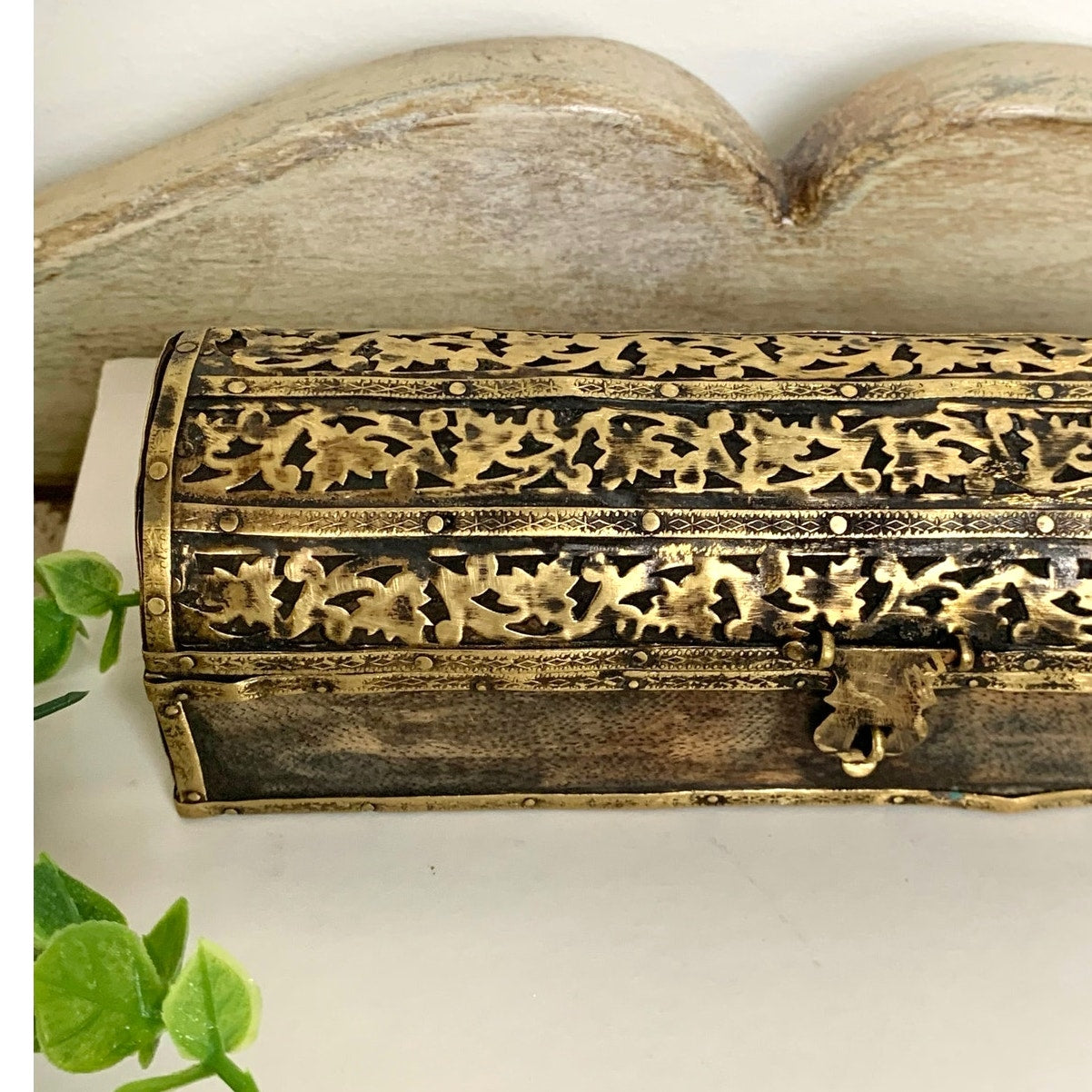 Vintage Brass Wood Trinket Box Floral Etched Hinged Jewelry Box Vanity Old World