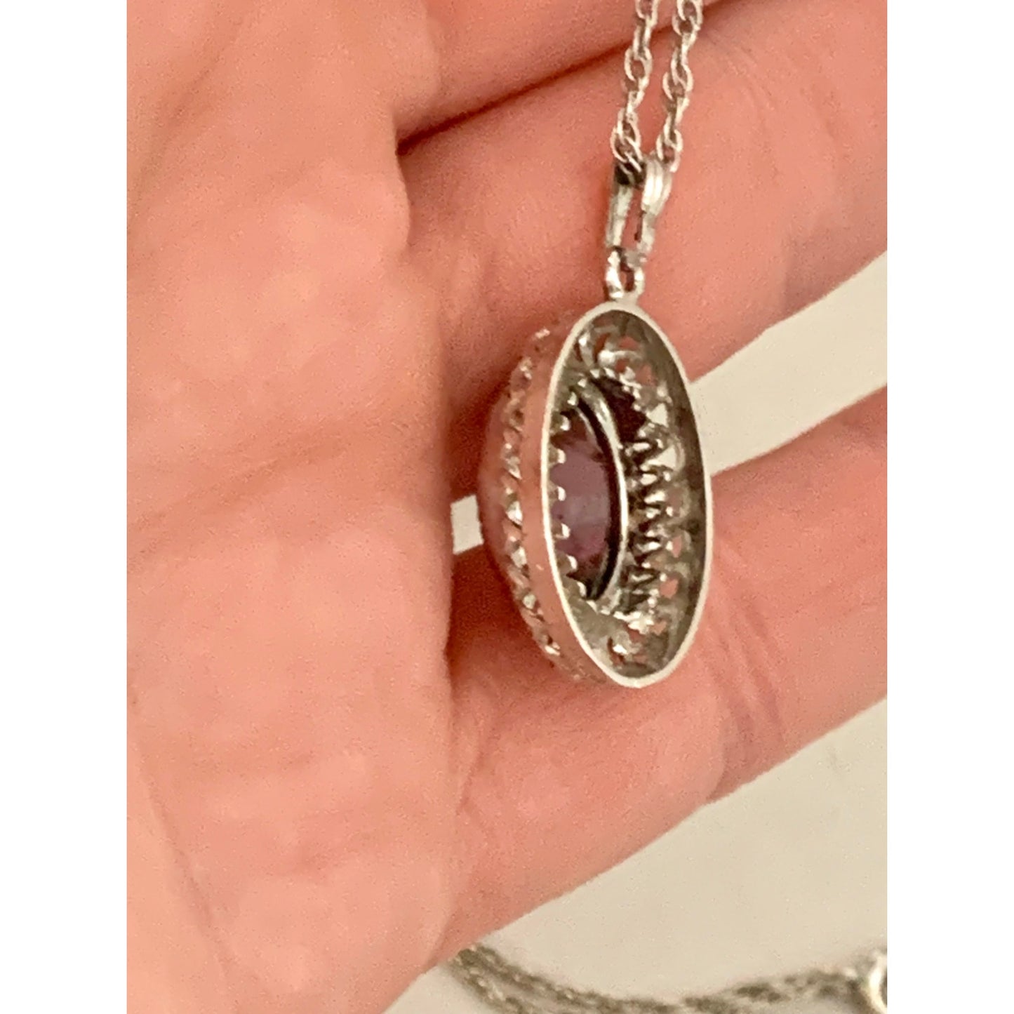 Vintage Sterling Silver Amethyst Purple Halo Pendant Necklace 25 Inch Chain