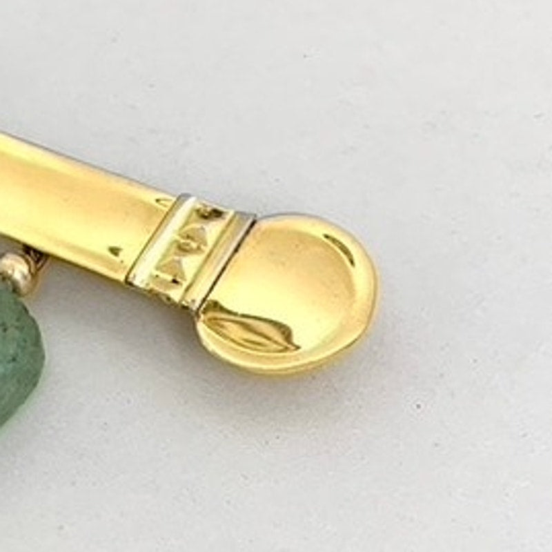 Vintage Gold Tone Bar Brooch with Green Stone Dangle Jade Style Drop Pin