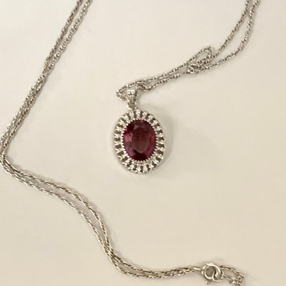 Vintage Sterling Silver Amethyst Purple Halo Pendant Necklace 25 Inch Chain
