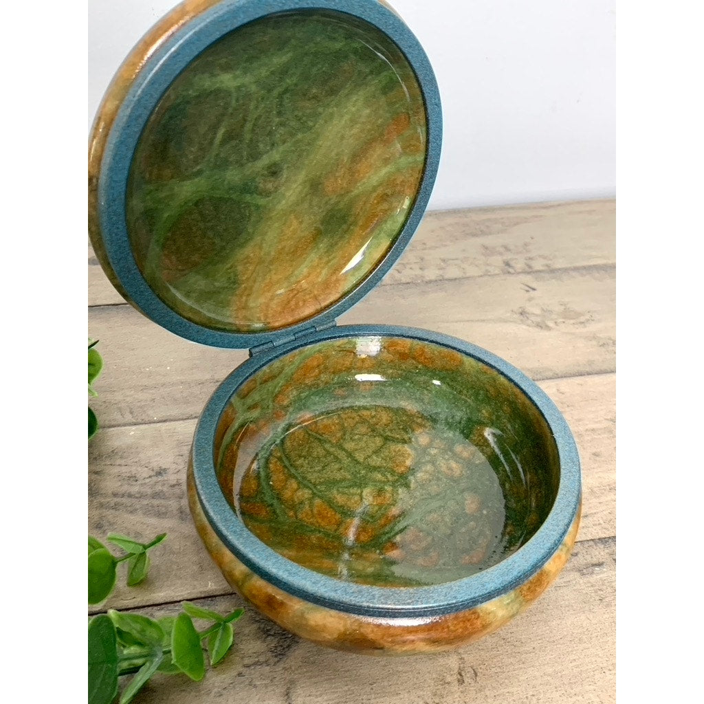 Vintage Alabaster Trinket Jewelry Box Hinged Earthy Green Brown Veining Stone