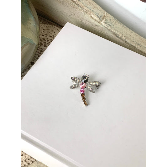 Vintage Rhinestone Dragonfly Brooch Pink Crystal Insect Pin Statement Jewelry